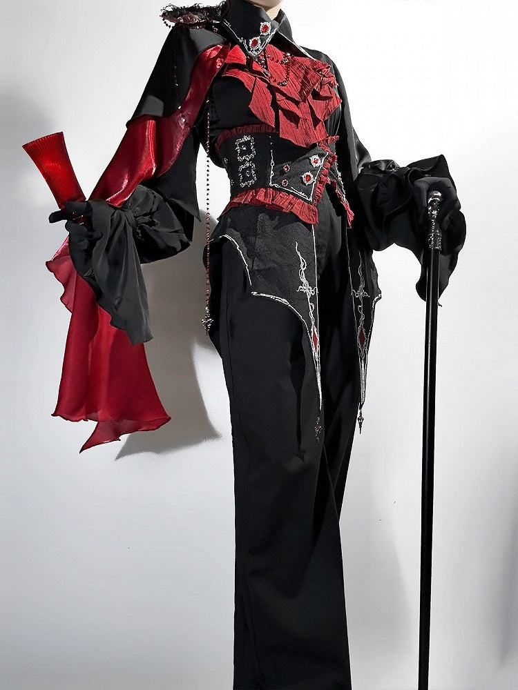 Ouji Lolita Gothic Shirt, Long Pants and Corset Set with Capelet in Black & Red - Unknown Star