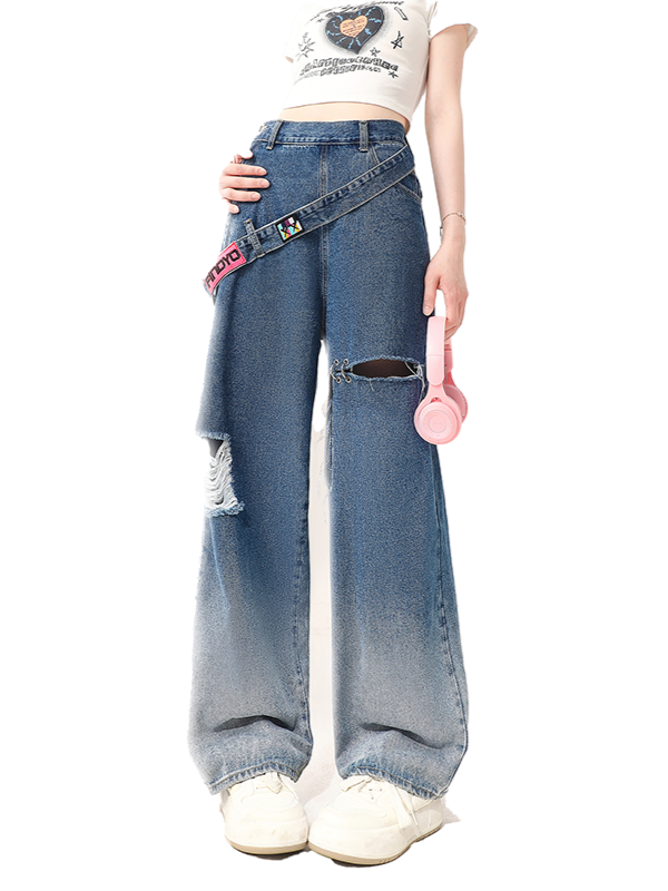 Hose Marineblau Distressed Asymmetrische Löcher