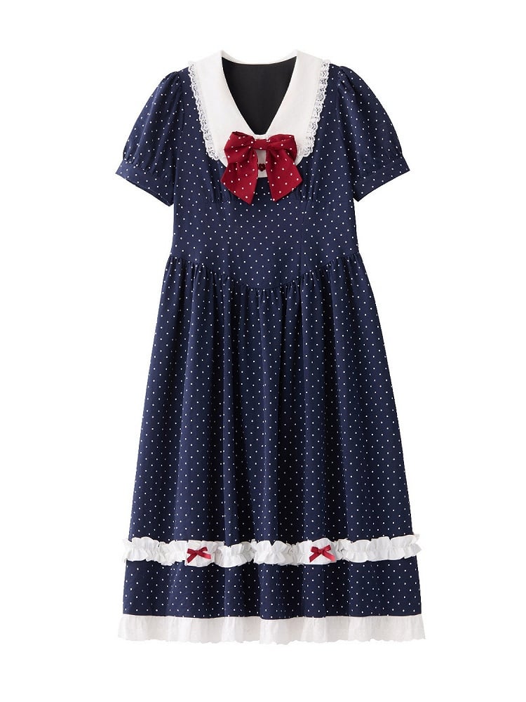 Plus Size Dark Blue Polka Dot Dress with Red Bow & Lace - Hard Candy