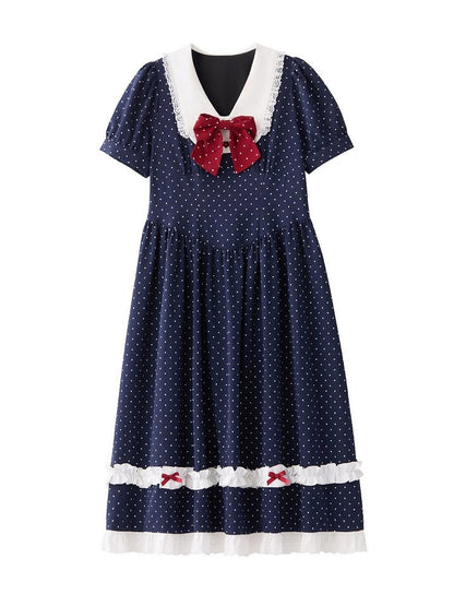 Plus Size Dark Blue Polka Dot Dress with Red Bow & Lace - Hard Candy