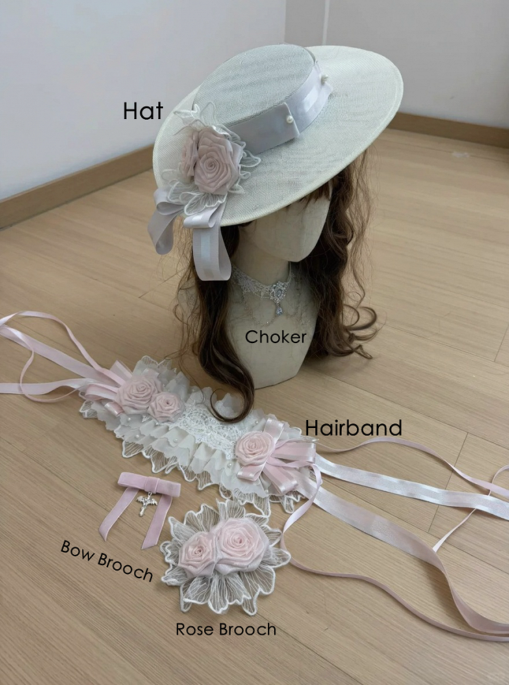 Rose Accessory Set: Hat, Hairband, Choker, Brooch, Multiple Colors - Sheer Ocean