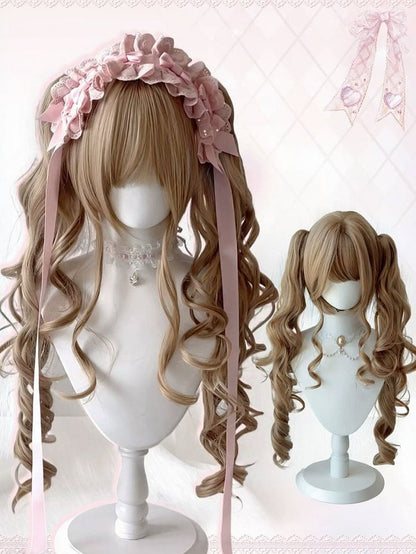 Linen Brown Wig with Bangs and Long Wavy Twin Tails Clip - Meow Island Wig