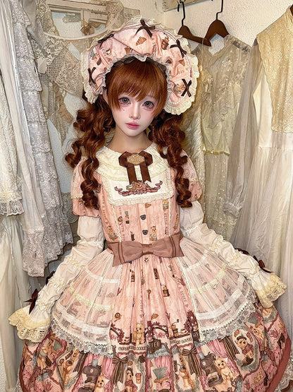 Pink Lolita Puppy & Coffee Print Bonnet with Brown Bows - Stars Fall on the Foggy Island