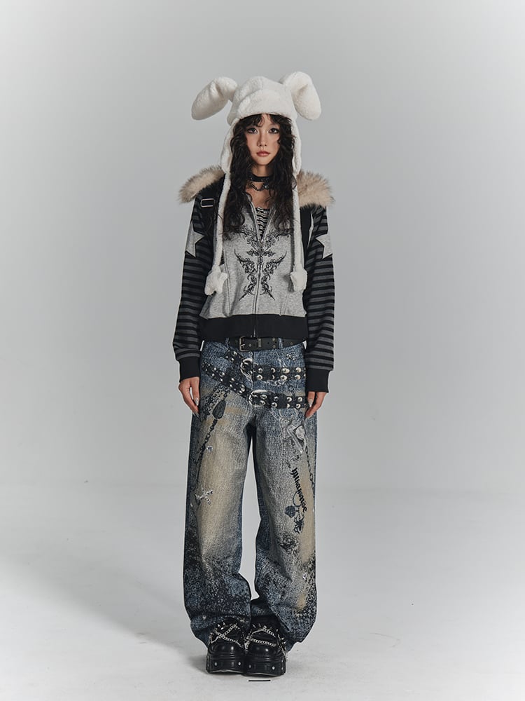 Punk Striped Fur Gray Wing Faux Print Collar Zip-Up Sleeves with Jacket
