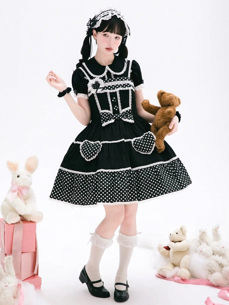 Kleid Schule Polka Alt Schwarz Baumwolle Weiß Punkte Lolita