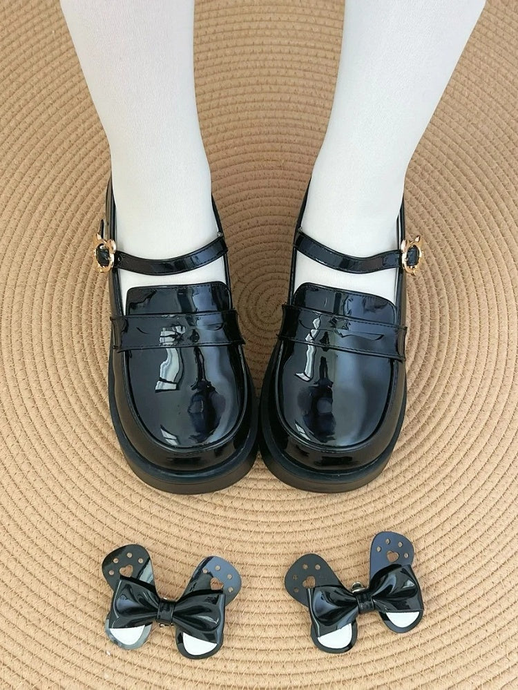 Ear Buckle - Shoes PU JK Heel Detachable Mid Black Bow Polished Academic with Style Bear