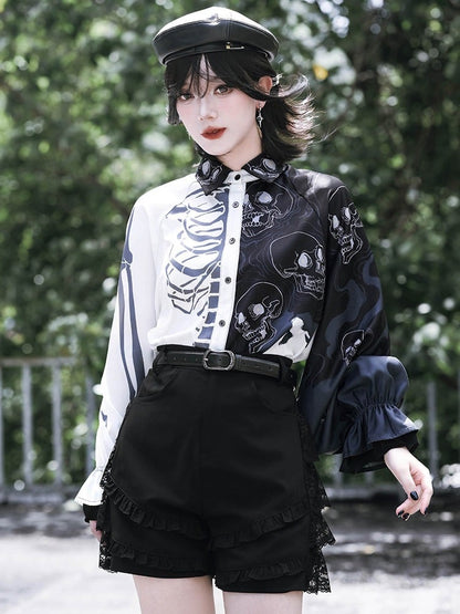 Gothic Black and White Balloon Sleeve Shirt with Asymmetric Skeleton Print - Quirky Hut