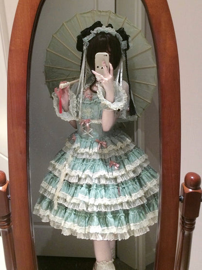 Lolita Dress Ruffles Embroidery Sweet Green and Goldfish Tiered Details Lace with