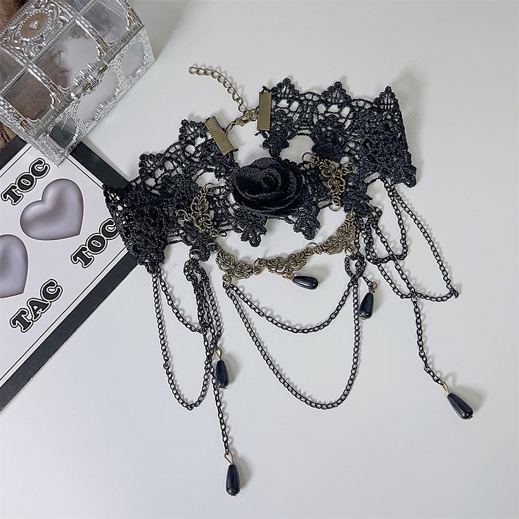 Black Lace Rosette Choker with Triple Layered Chains