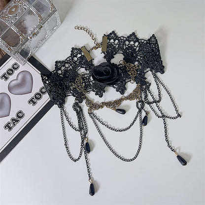 Black Lace Rosette Choker with Triple Layered Chains