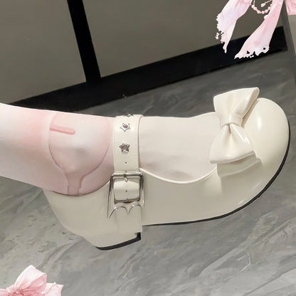 Bow Accents Sweet Low Creamy in Detail White PU Elegant Round Front Star Toe Heels Lolita