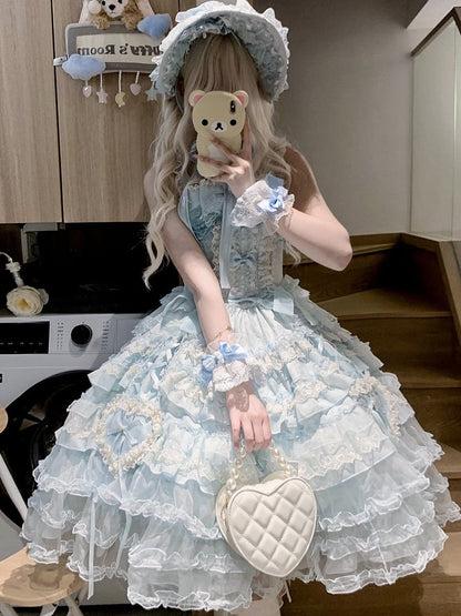 JSK with Dress Accents Multi-Layered Lace Blue Lolita Bow Princess Ruffle Sweet