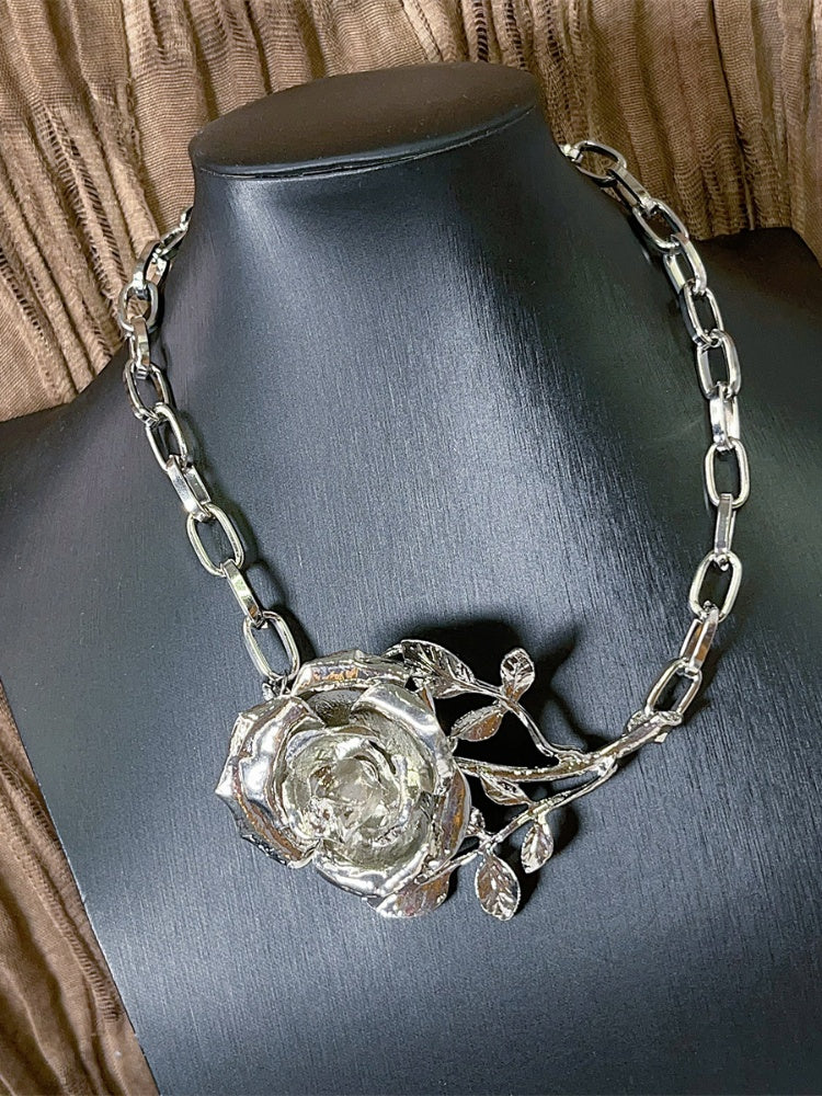 Y2K Silver Metal Rose Choker
