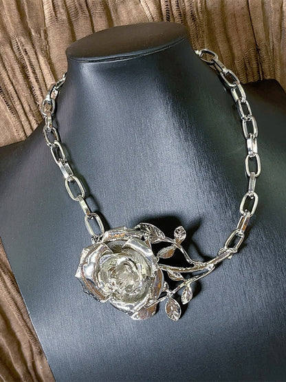 Y2K Silver Metal Rose Choker