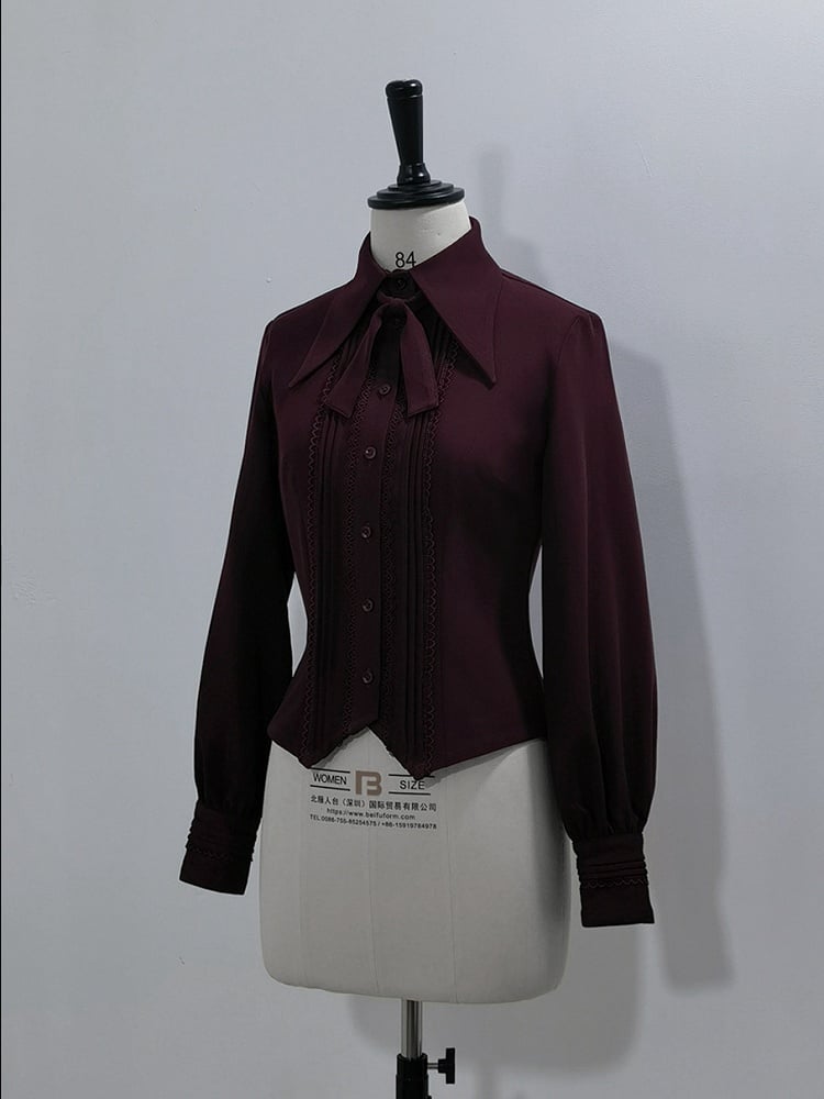 Wine Red Ouji Lolita Pointed Foldover Collar Vampire Long Sleeves Shirt