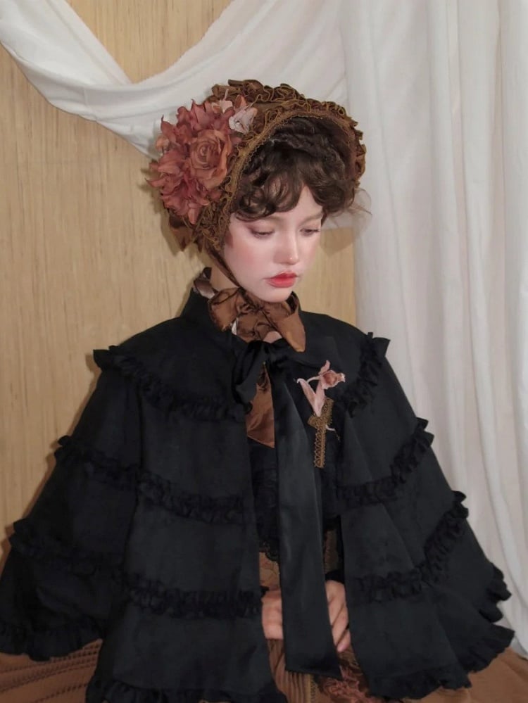 Lolita Hairband with Ruffled Black/Gray/Brown Accent Floral