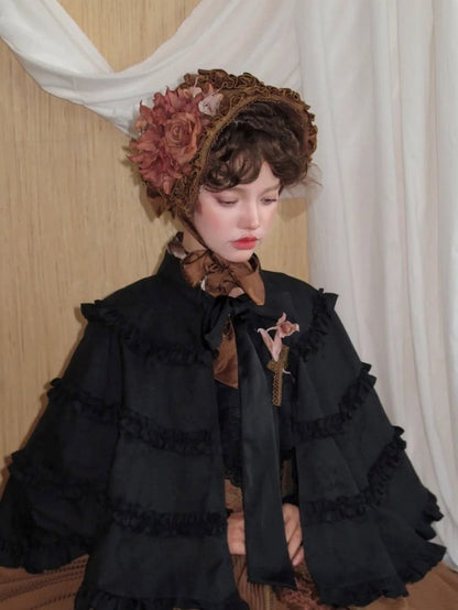 Lolita Hairband with Ruffled Black/Gray/Brown Accent Floral