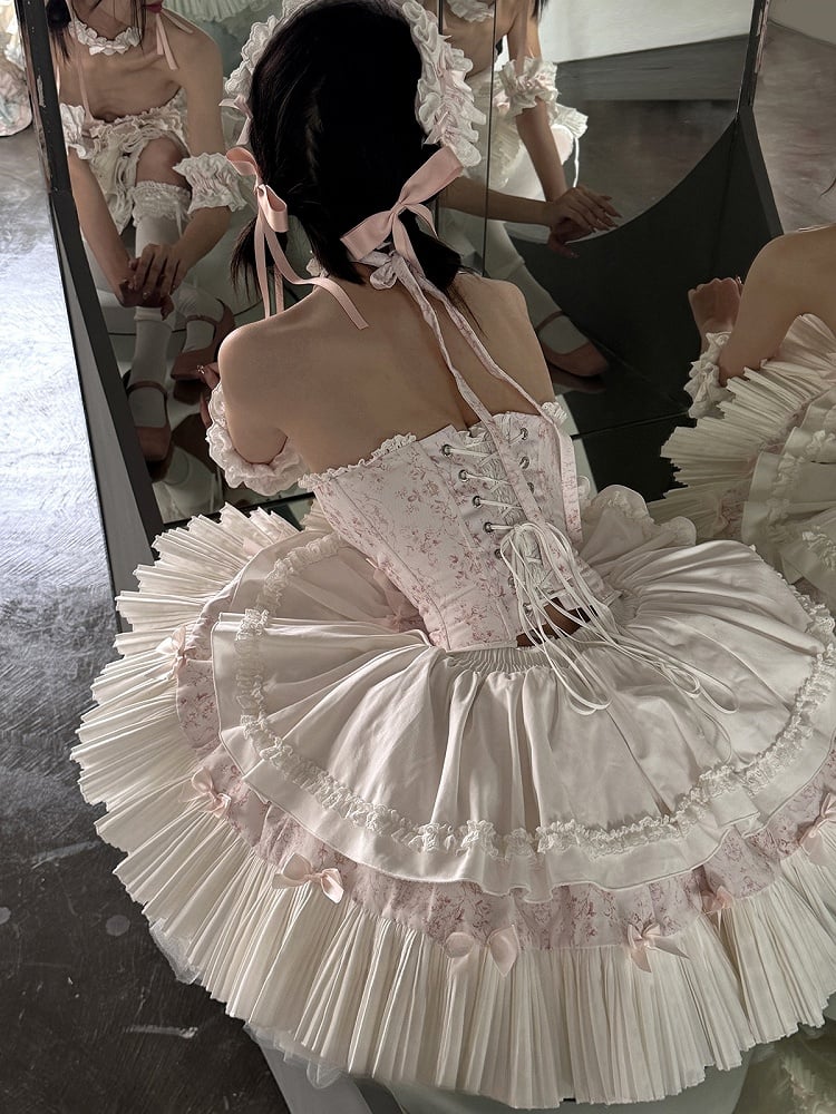 White Skirt Floral-Print Rings + Pink Full KC Top Set Corset Arm Choker