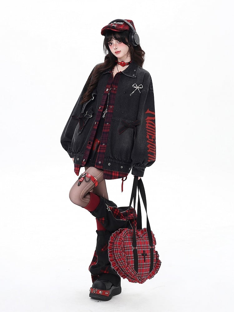 Faux Two-Piece Denim Jacket with Plaid Patchwork and Bowknot Details Black