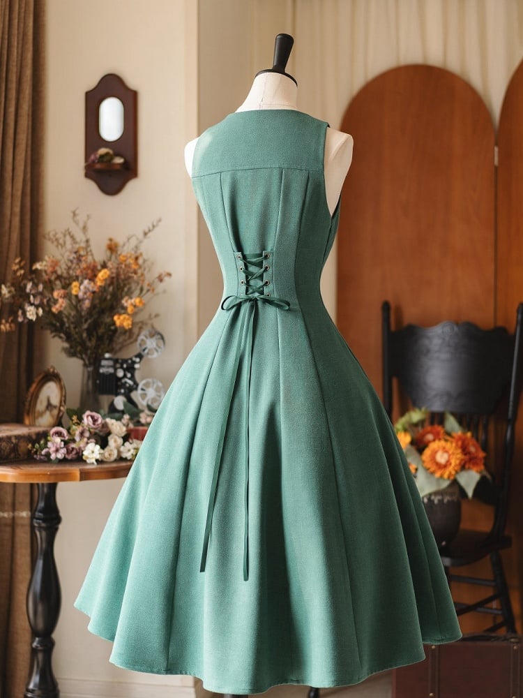 Vintage Under with Back Elegant Dress Lacing Forest Bust Green