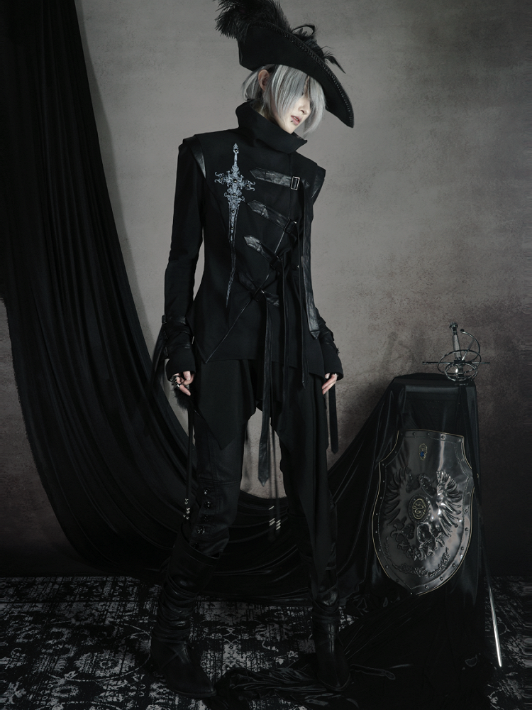 Top Print Stacked Sword PU Gothic Asymmetrical Decorated - Buckle Strap Black Collar