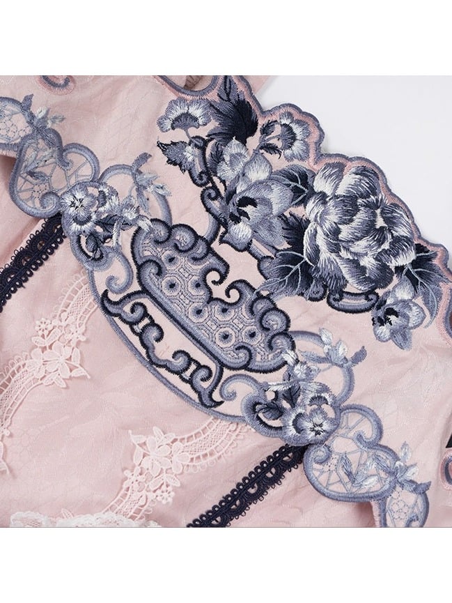 Elegant Pink Porcelain Lolita JSK with Flutter Sleeves & Floral Embroidery - Yimu Walnut