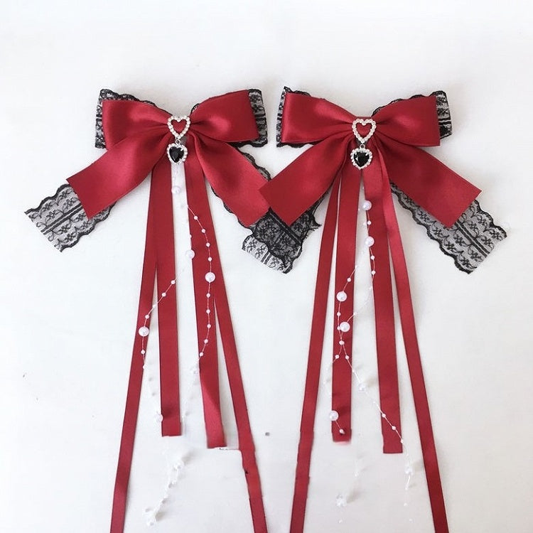 Beads Trim Colors Tassel Heart Lace Black Hairclip 4 Rhinestone with Bow