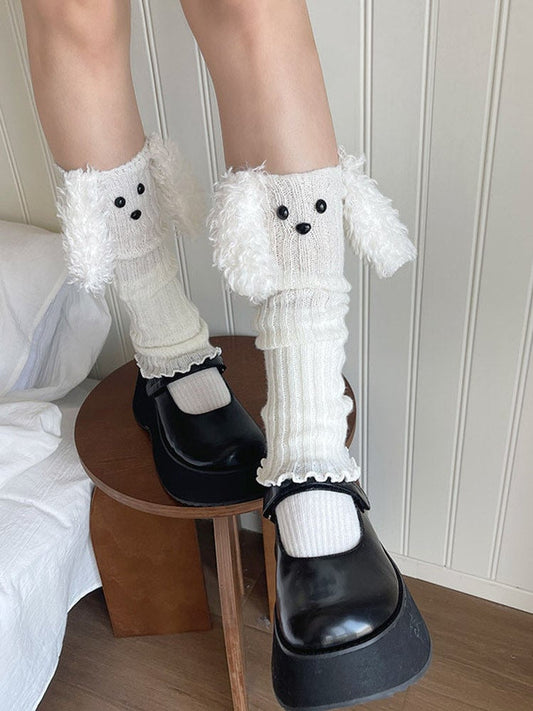 Leg Ribbed Warmers White Puppy Colors: Plush-Accented (4