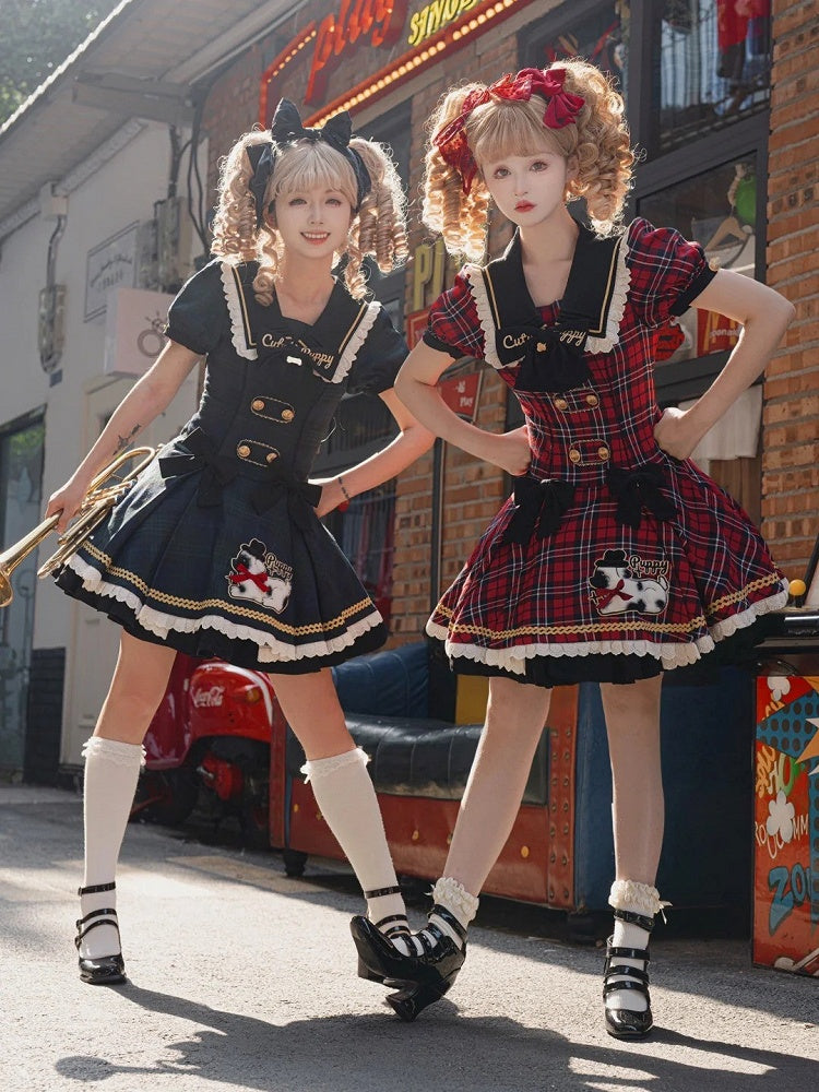 Trim Lace Black Red Sweet Plaid Lolita Dress with Patch Puppy and