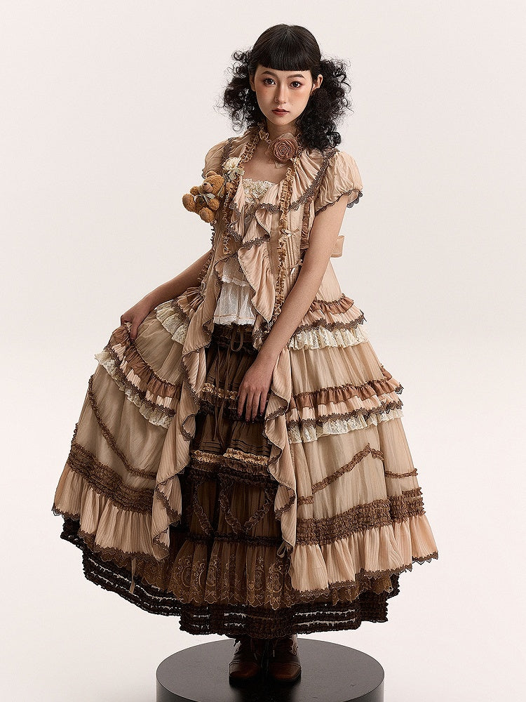 Cascading House Ruffle Front Style Placket Dress Pink Coffee Straps Lolita Self-tie