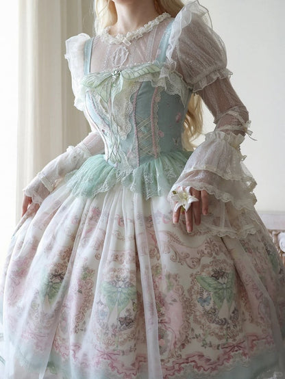 JSK Moth and with Green Pink Overlay Print Floral Dress Lolita Elegant
