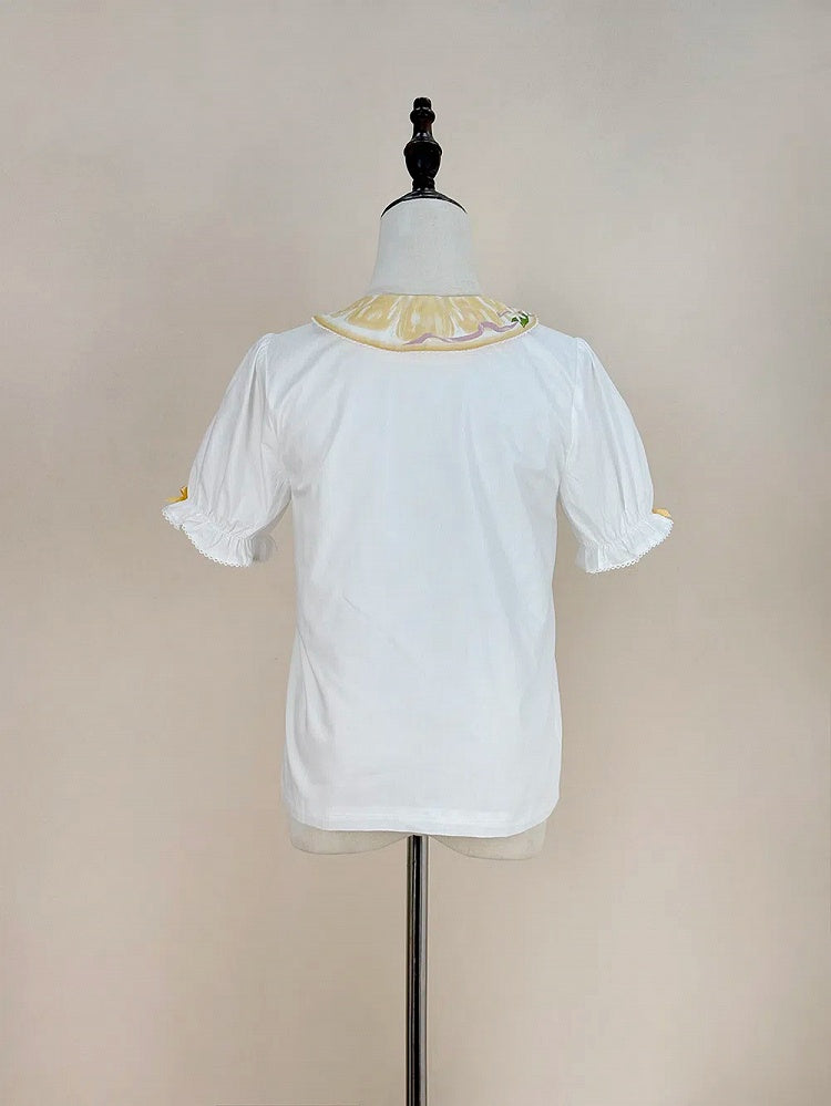 ピーターパン ホワイト ショート レモン スリーブ シャツ イエローカラー プリント