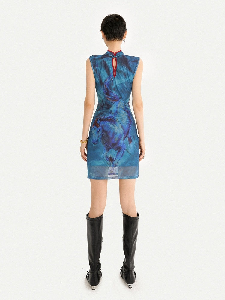 Sleeveless Blue Cheongsam Short Dress with Horse Motif