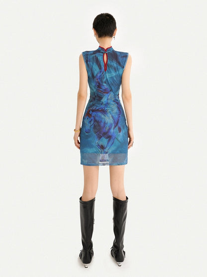 Sleeveless Blue Cheongsam Short Dress with Horse Motif