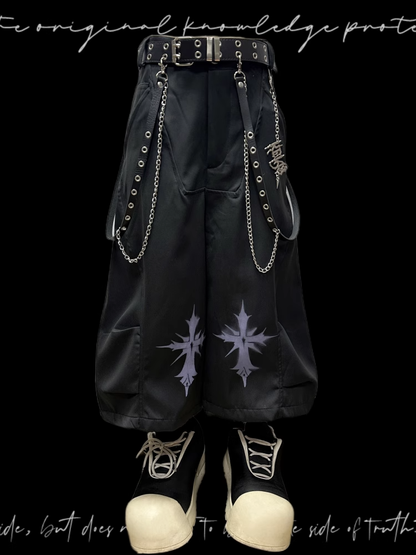 ロックY2Kワイドレッグパンツフリーチャームブラッククロスプリントパンク