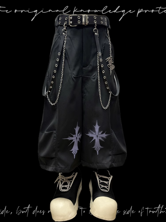 ロックY2Kワイドレッグパンツフリーチャームブラッククロスプリントパンク