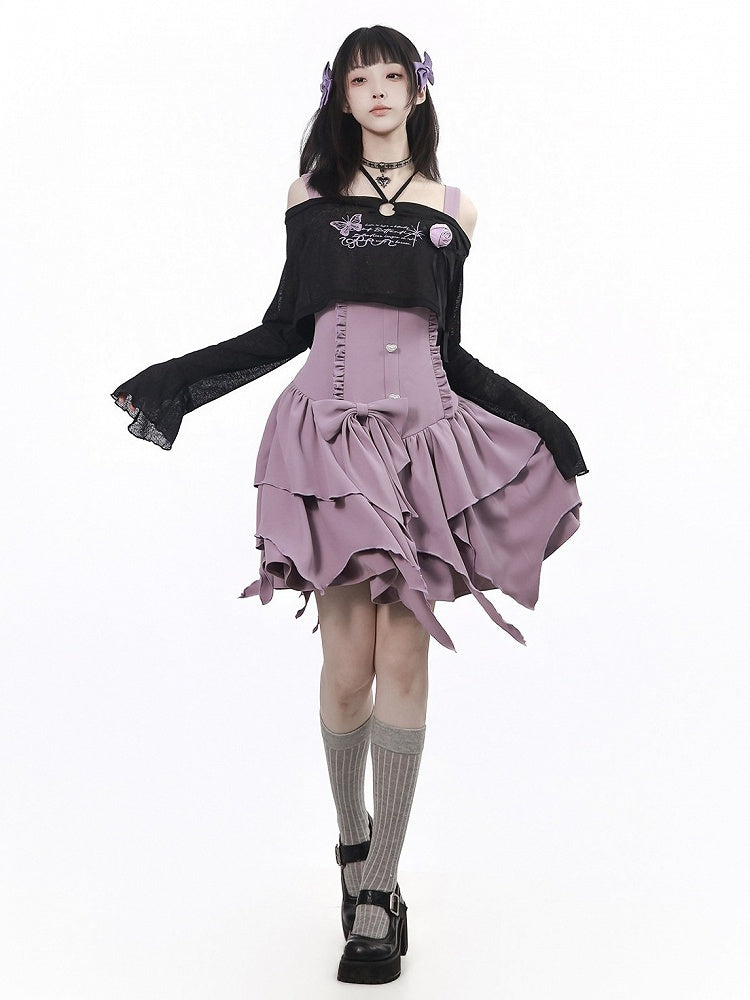 Purple Asymmetric Cami Dress with Ruffle & Bow - PINK SAVIOR