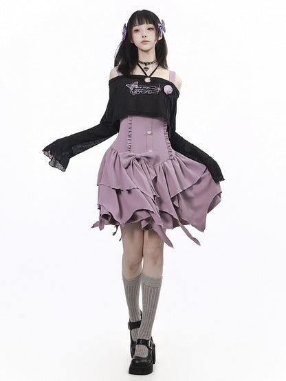 Purple Asymmetric Cami Dress with Ruffle & Bow - PINK SAVIOR