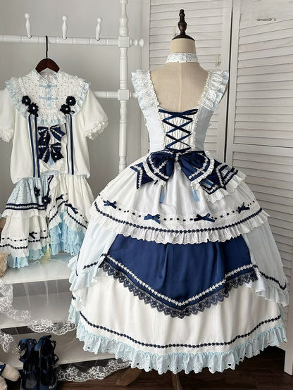 and Floral JSK Dark Lolita Sleeves Dress Embellished Flutter Blue Bow