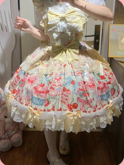 Cherry and Print Yellow Jumper Skirt Bow Accents Lolita Strawberry Sweet
