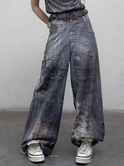 Print Spitzenjeans Schnitt Weites Bein Blau Kette Punk Wasteland Details