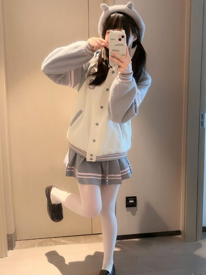 White and Gray Cat Hooded Woolen Baseball Jacket