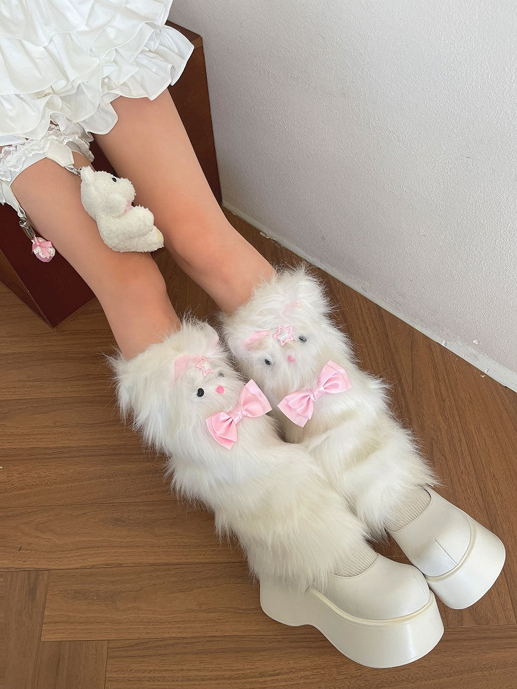 Pink Warmerswith Leg Decoration Kitty Bow Plush White