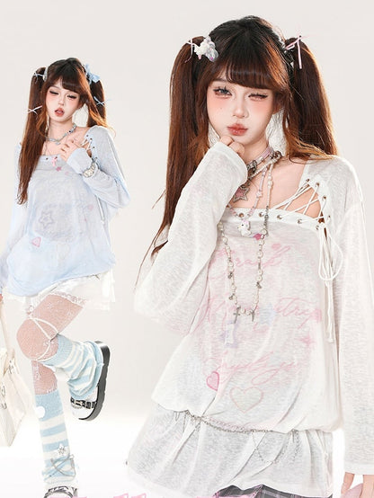 Lace-up Asymmetrical Neckline Blue/White Semi-sheer Coverup