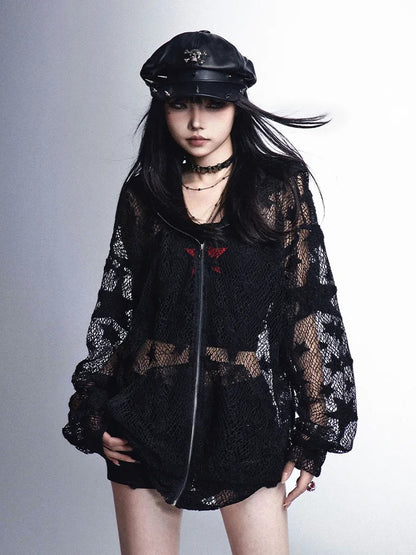 ジャケット Y2K 保護 ブラック スター柄 中空アウト サンフード付き