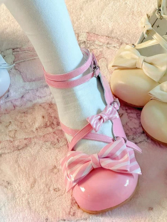at Mid-heel Bow Dark Janes Striped Sweet - Top Mary Pink Crisscross Lolita Pattern Design