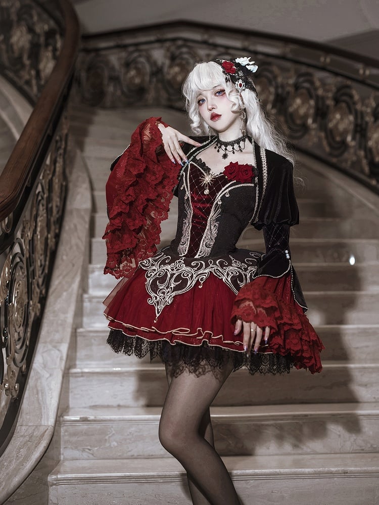 黒と赤のゴシックヴァンパイアの細いショルダーストラップのロリータJSK + ロングベルスリーブボレロ