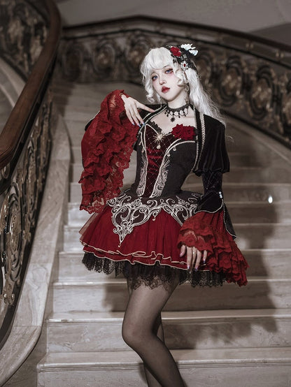 黒と赤のゴシックヴァンパイアの細いショルダーストラップのロリータJSK + ロングベルスリーブボレロ