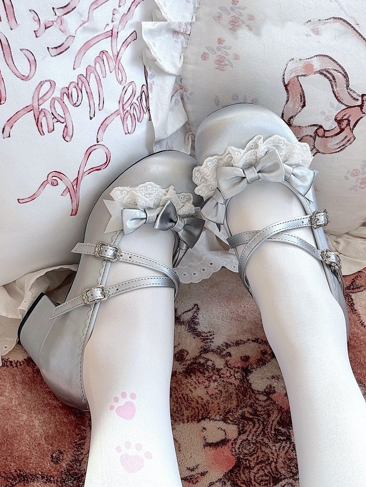 Design Round Toe Elegant Snap Mid Lolita Silver with Heels