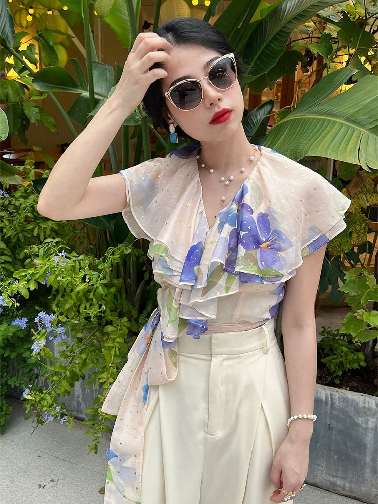 Light Pink Vintage Blue Floral Print Tiered Shawl Collar Chiffon Top